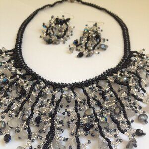COPY - Chandelier Beaded Necklace & Earrings BLACK, GREY & SILVER